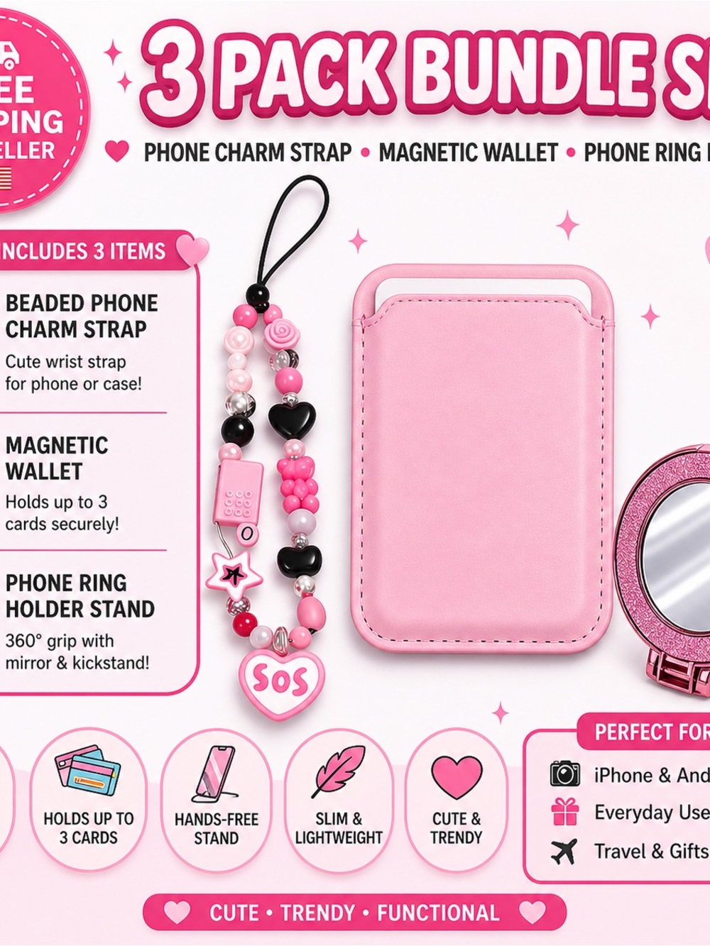 Phone accessories set magnetic wallet ring holder and phone charm keychain set